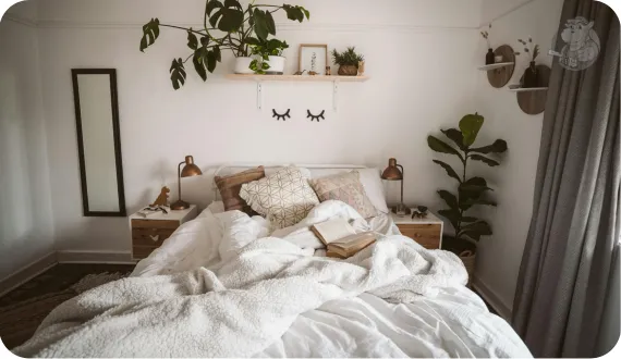 przytulna sypialnia z ładnie pościelonym łóżkiem